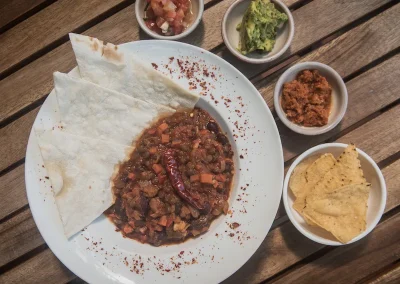 Vegan chili sin carne with kidney beans and lentils at New Leaf Eatery Siem Reap Cambodia