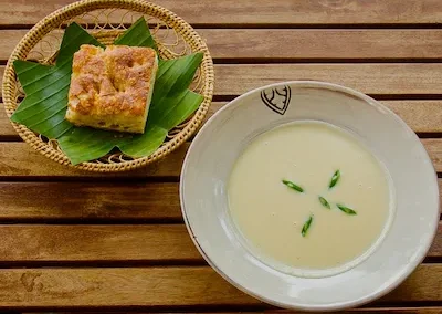 Potato and leek soup with rosemary focaccia at New Leaf Eatery Siem Reap Cambodia