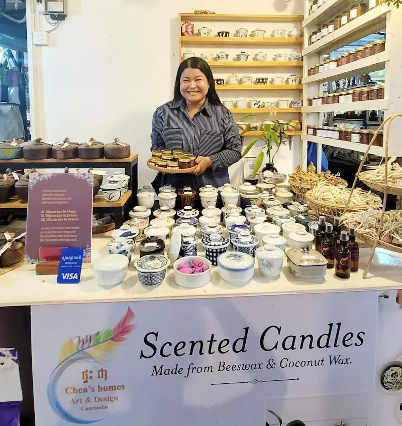 Siem Reap artisan Somphors Artisan Somphors displaying her scented candles, Siem Reap
