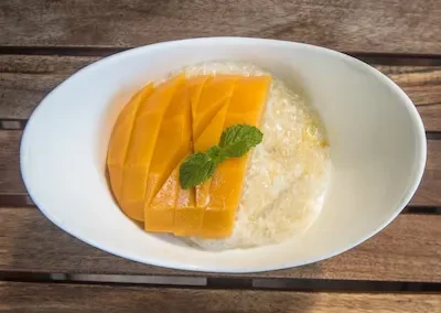 Traditional Khmer sticky mango rice dessert at New Leaf Eatery Siem Reap Cambodia